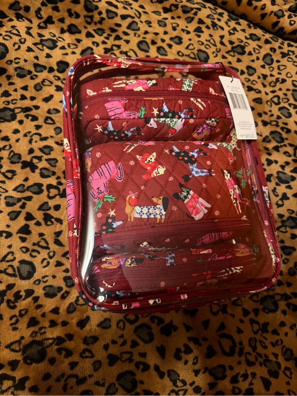 Vera Bradley Maroon Quilted Cosmetic Set - Holiday Dog Print